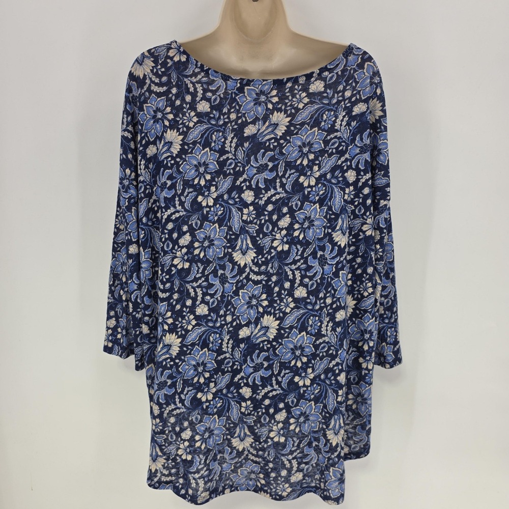 Rachel Zoe Linen Top Women 2X Blue Floral Scoop Neck Tunic Beachy Coastal Resort - Picture 3 of 11